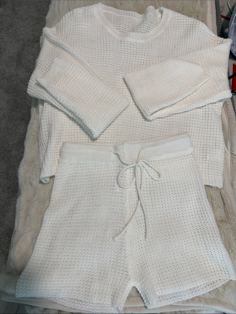 Cozy White Knit Lounge Set - Sweater & Drawstring Shorts